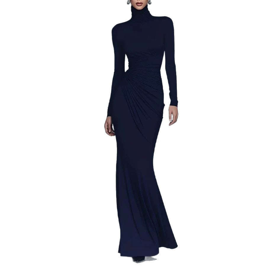 Women's Autumn Solid Color Turtleneck Long Sleeve Sexy Waist Dress