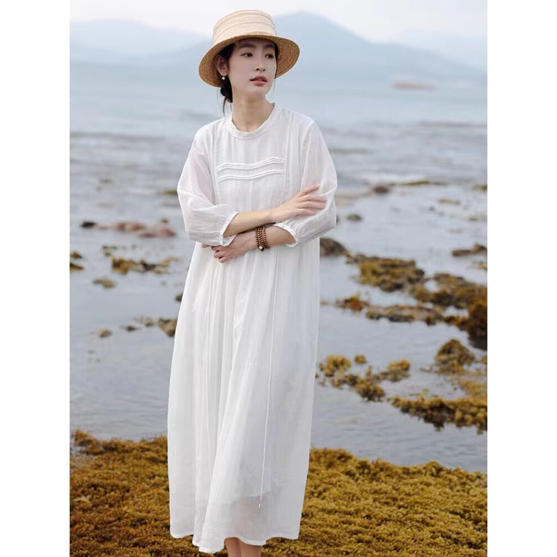 Women's Cotton Linen Loose Big Hem White Dresses