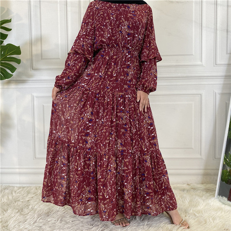Chiffon Printed Long Sleeve Big Hem Dress