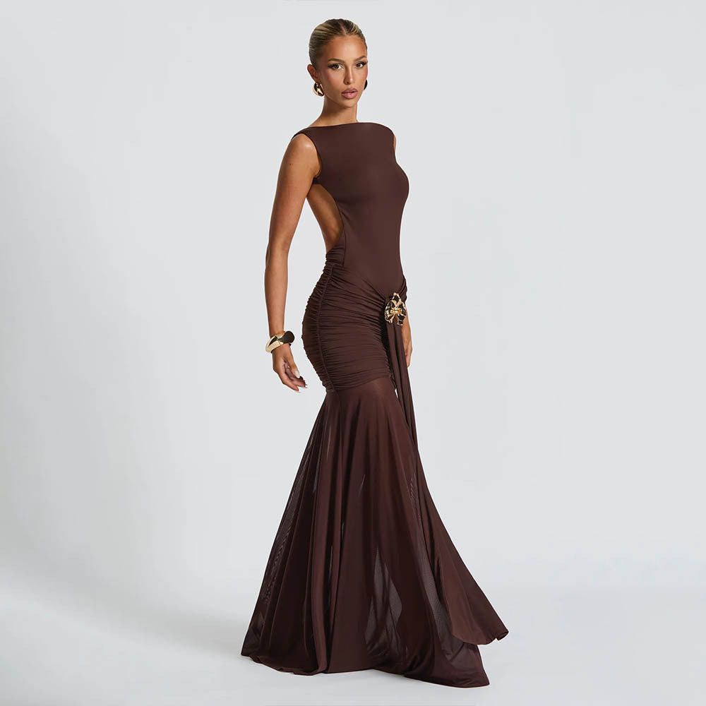 Women's Fashion Solid Color Round Neck Sleeveless Pleated Waist Tight Ribbon Dress