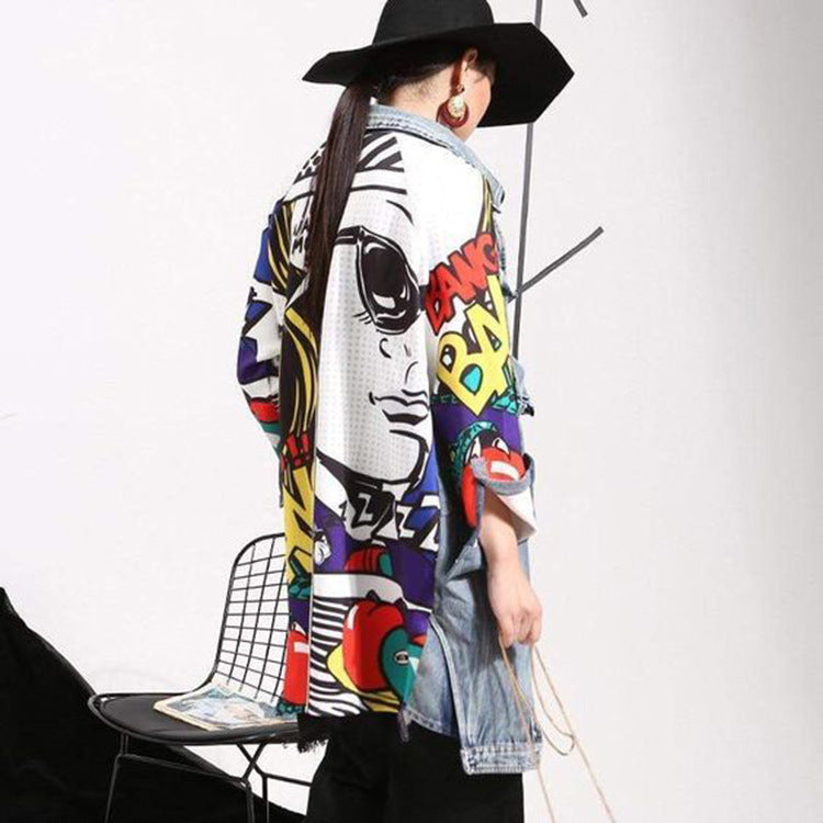 Women's Denim Trench Fashionable Image Drawing Creative Coats