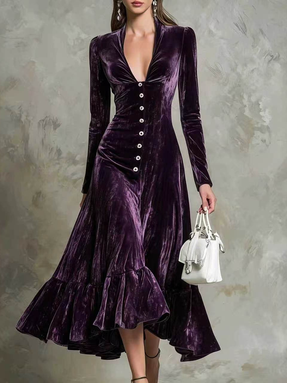 Solid Color Buttons Lapel Long Sleeve Waist Dress