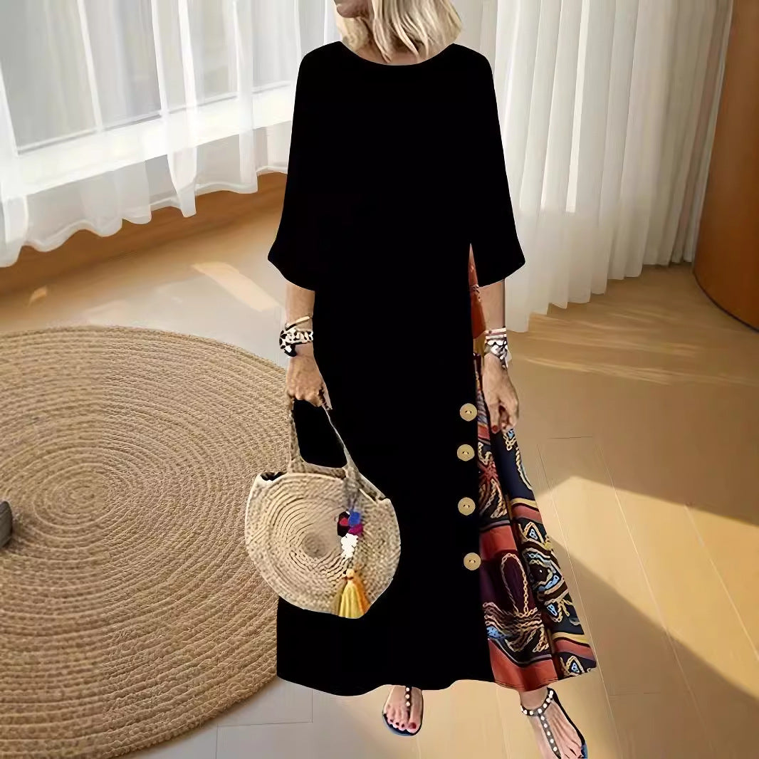 Autumn Temperament Button Printed Round Neck Dress