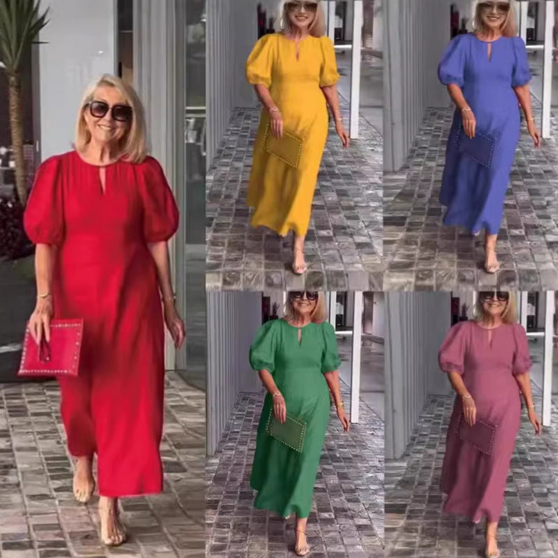 Women's Solid Color Loose-fitting Casual Puff Sleeve Dress