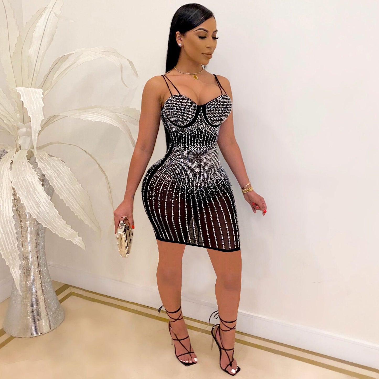 Sexy Rhinestone Slim Strap Dress Nightclub Dresses
