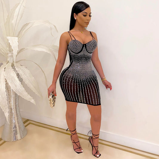Sexy Rhinestone Slim Strap Dress Nightclub Dresses