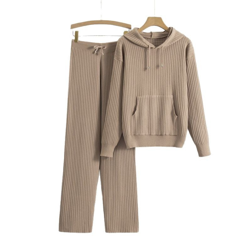 Women's Hooded Knitted Sunken Stripe Two-piece Fashion Casual Suit