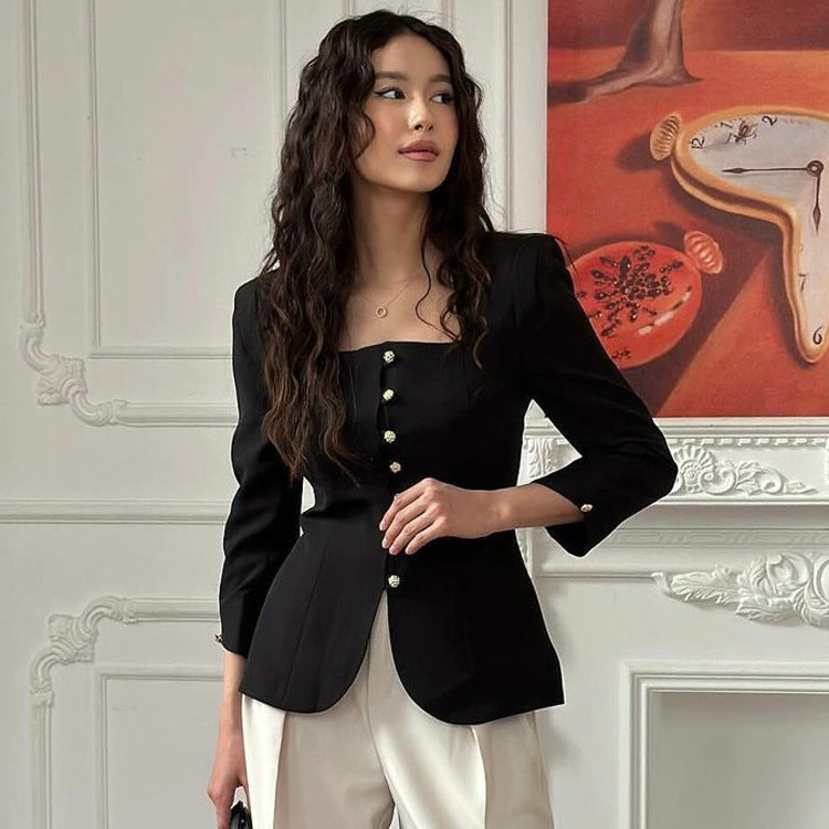 Style High-grade Square Collar Slimming Black Coats