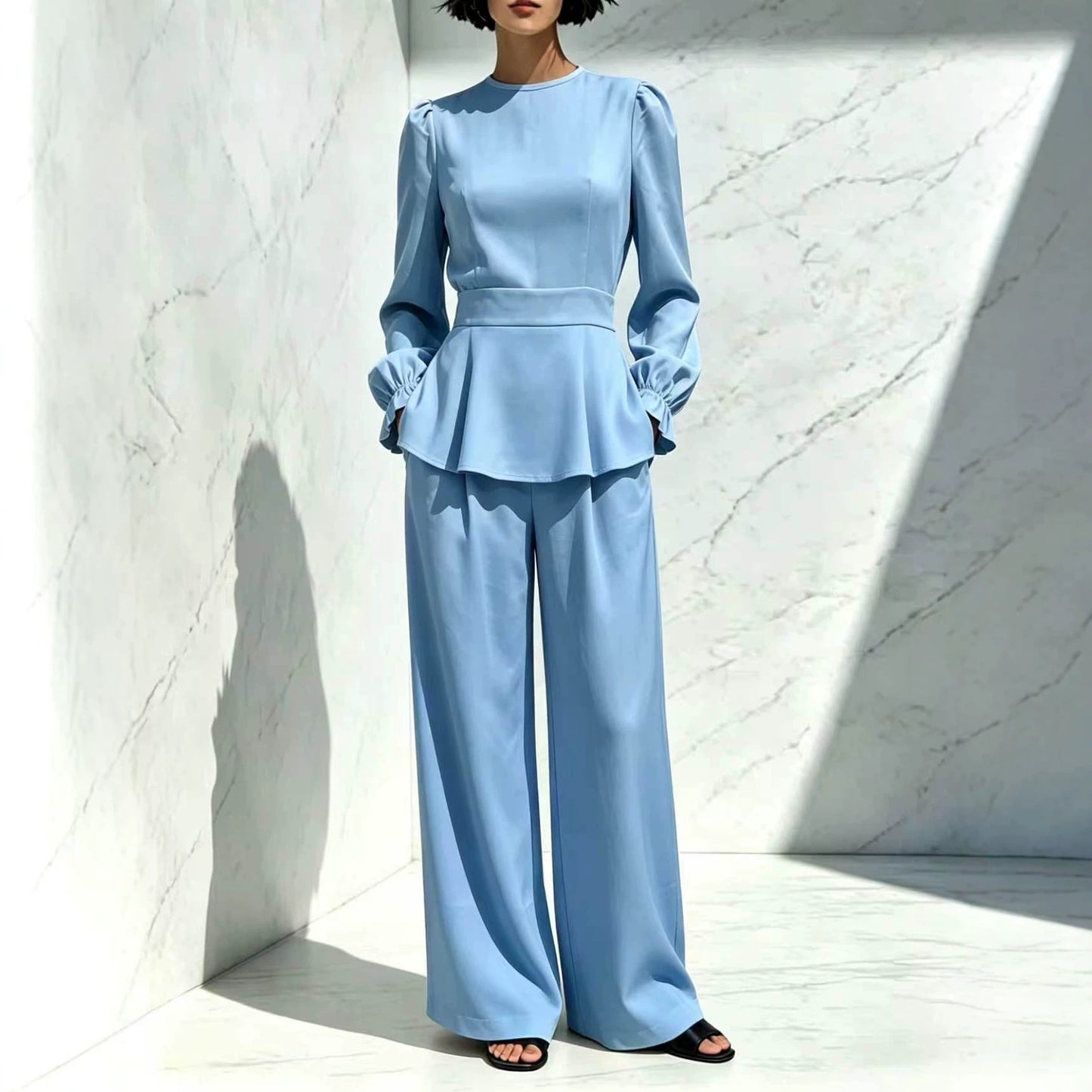 Long Sleeve Trousers Puff Design Elastic Fashion Casual Suit