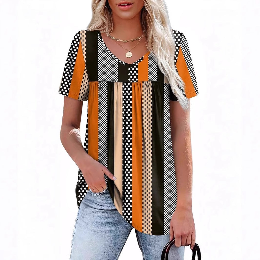 Women's Pleated Short-sleeved Printed T-shirt Casual Blouses