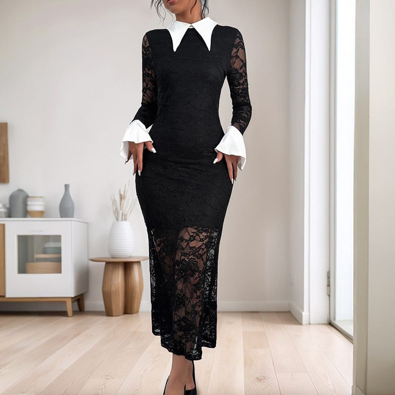 Dress Black White Contrast Color Lapels Dresses
