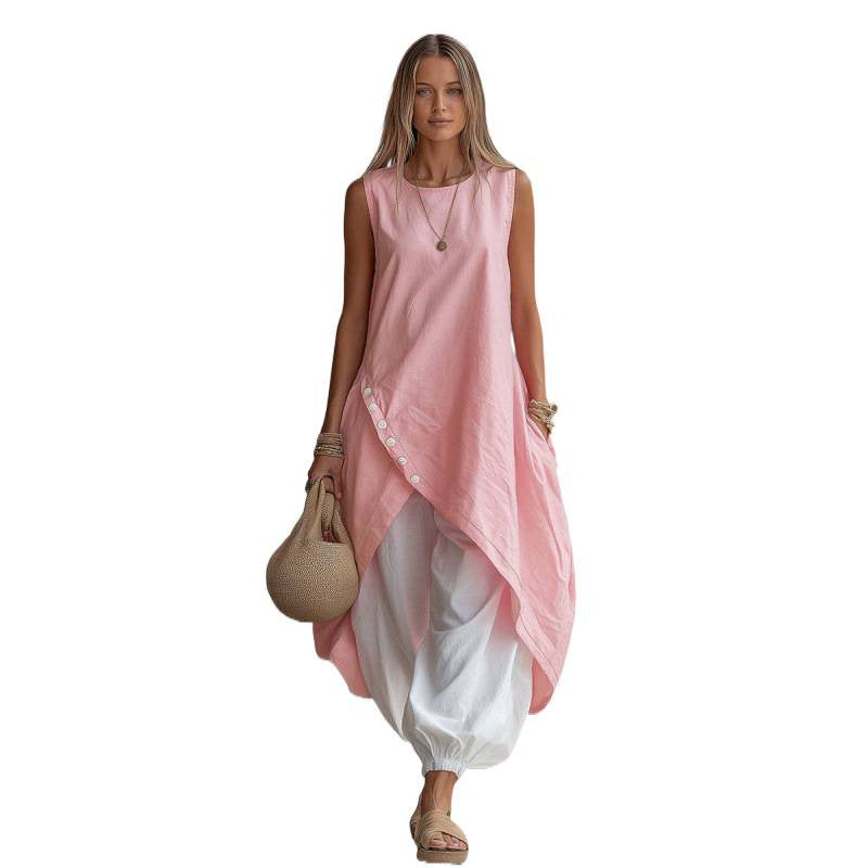 Solid Color Sleeveless Loose Pockets White Suits