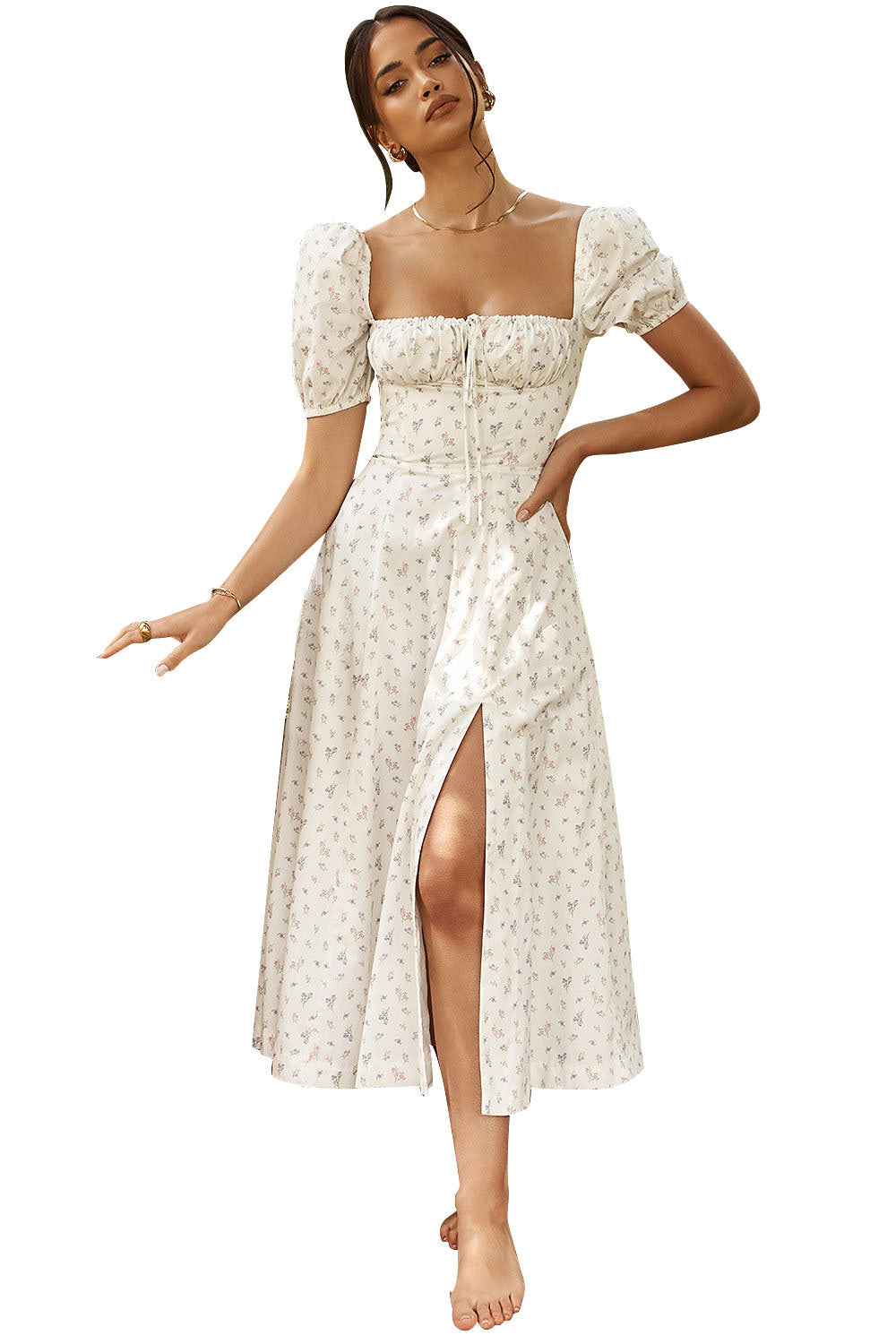 Summer Fashion Puff Sleeve Floral Split Maxi Dresses