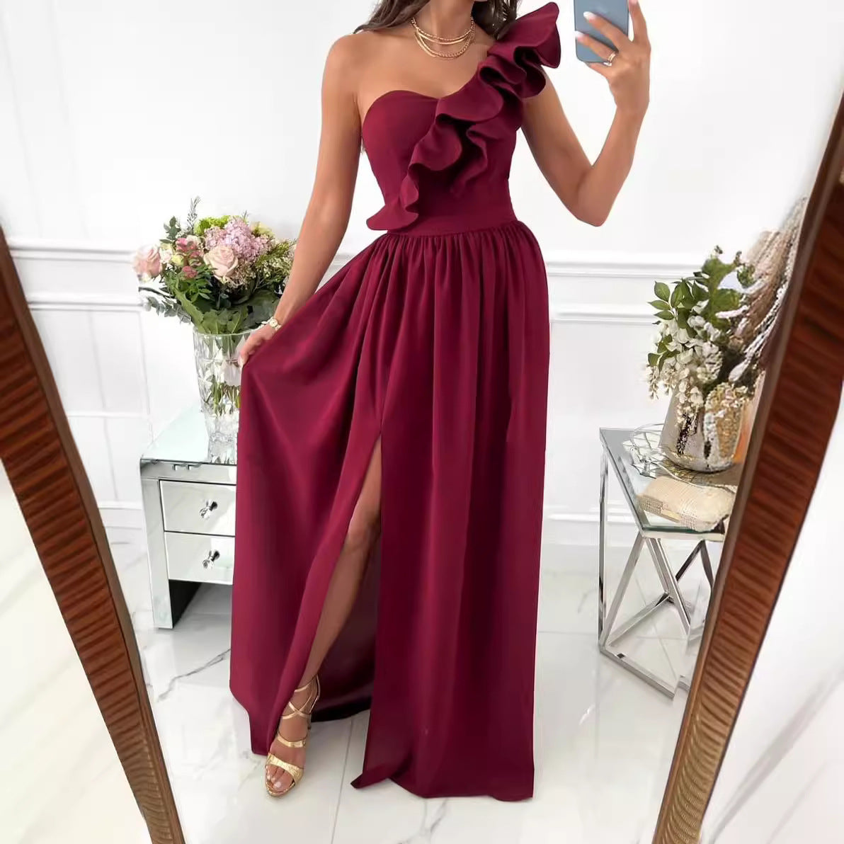 Women's Summer Sleeveless Shoulder Ruffled Slit Hemline At Dress