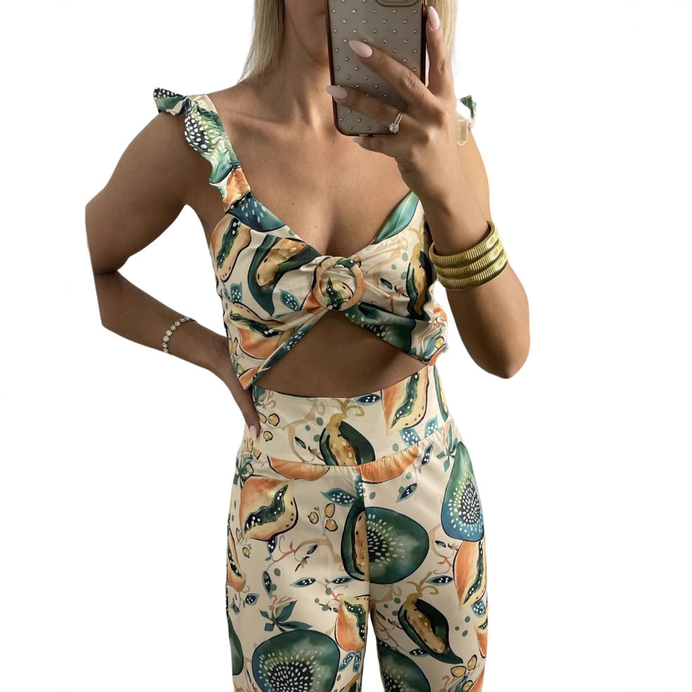 Women's Printed Fashion Casual Sling Trousers Two-piece Suits