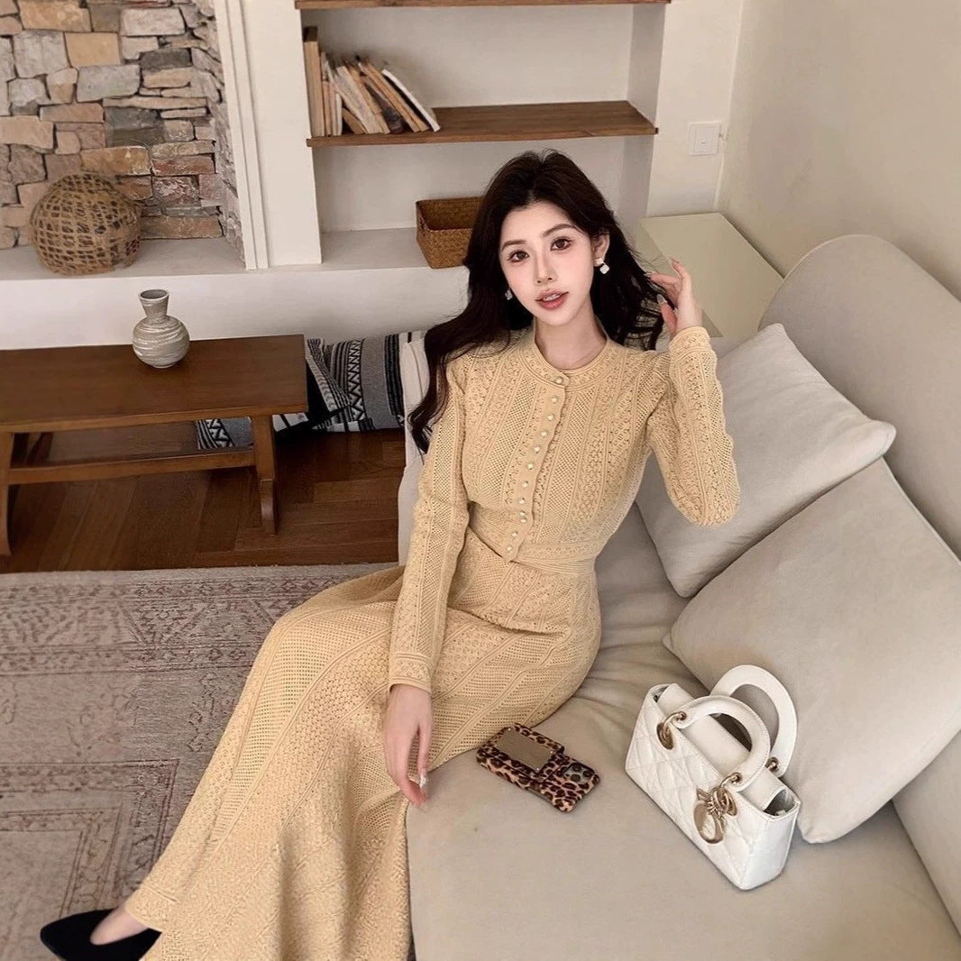 Women's French Style Knitted Long-sleeved High Waist Dress