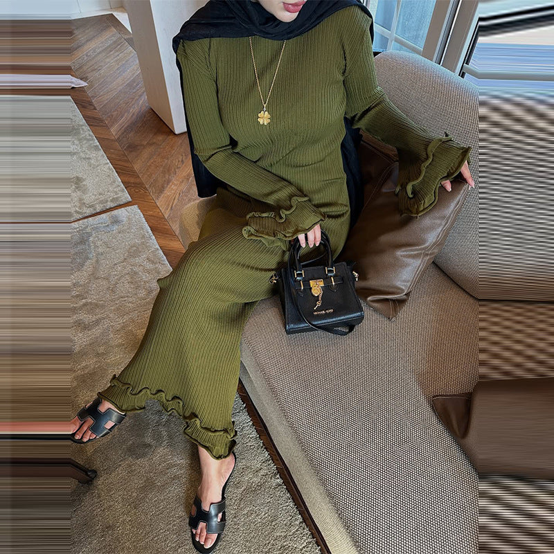 Women's Color Round Neck Long Sleeve Slim Fit Stringy Dresses