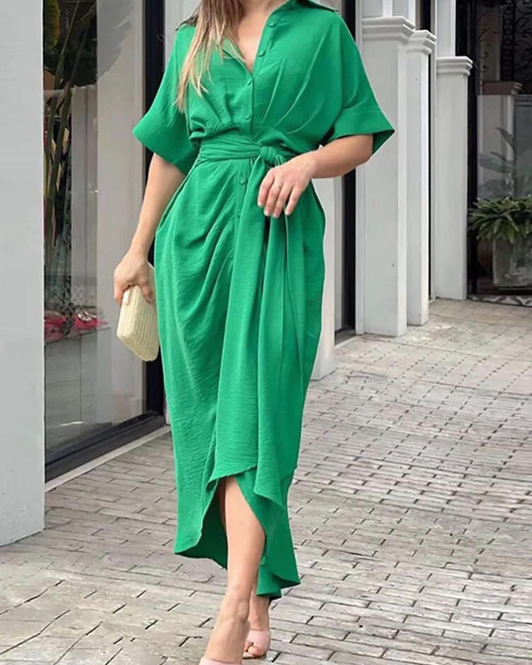 Women's Mid-length Sleeve Single-breasted High Waist Shirt Dresses