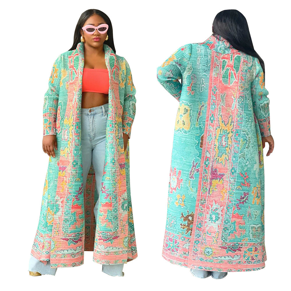Women's Popular Pleated Printed Trench Long Coats
