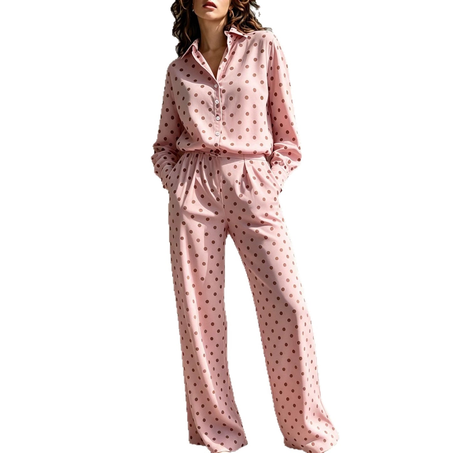 Sleeve Lapel Shirt Elastic Waist Wide Leg Two-piece Set Light Pants