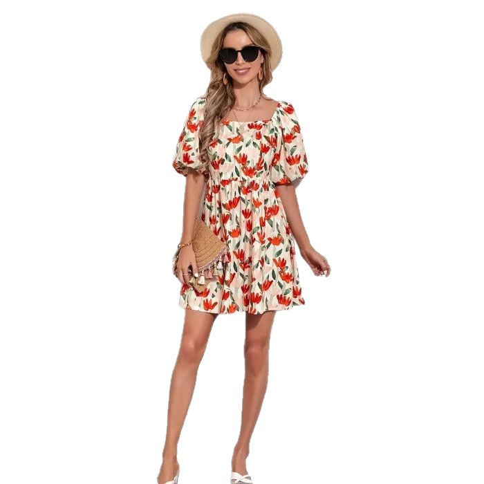 Charming Comfortable Floral Print Lantern Sleeve Dress