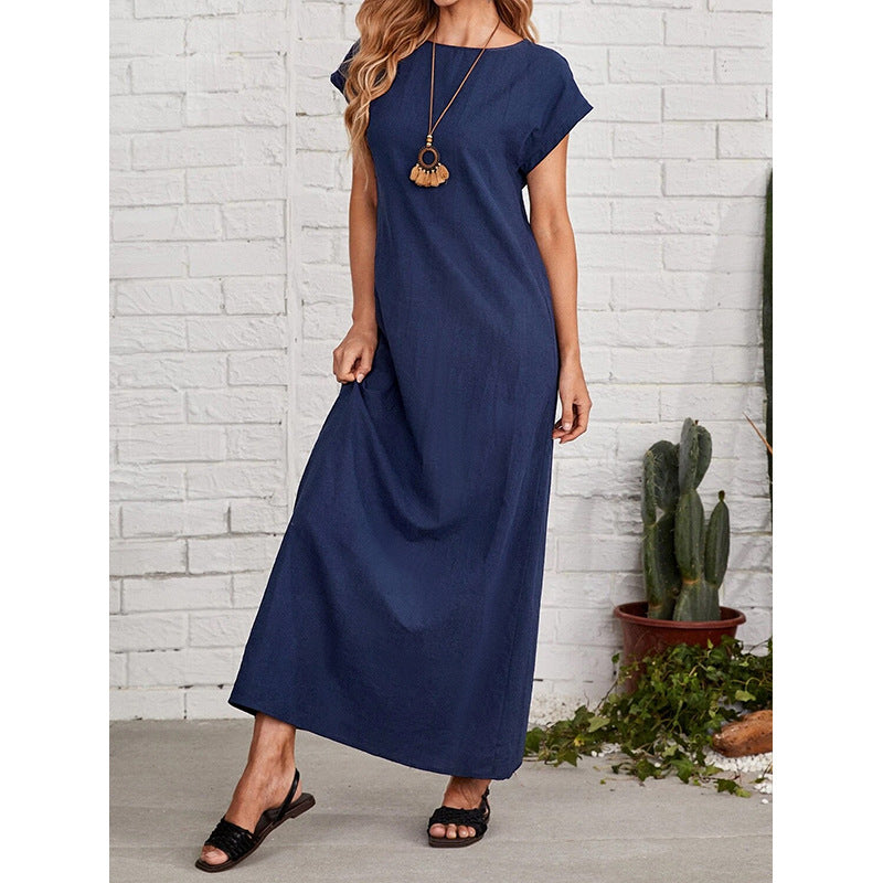 Women's Summer Simple Style Round Neck Sleeve Loose Casual Long Solid Dress