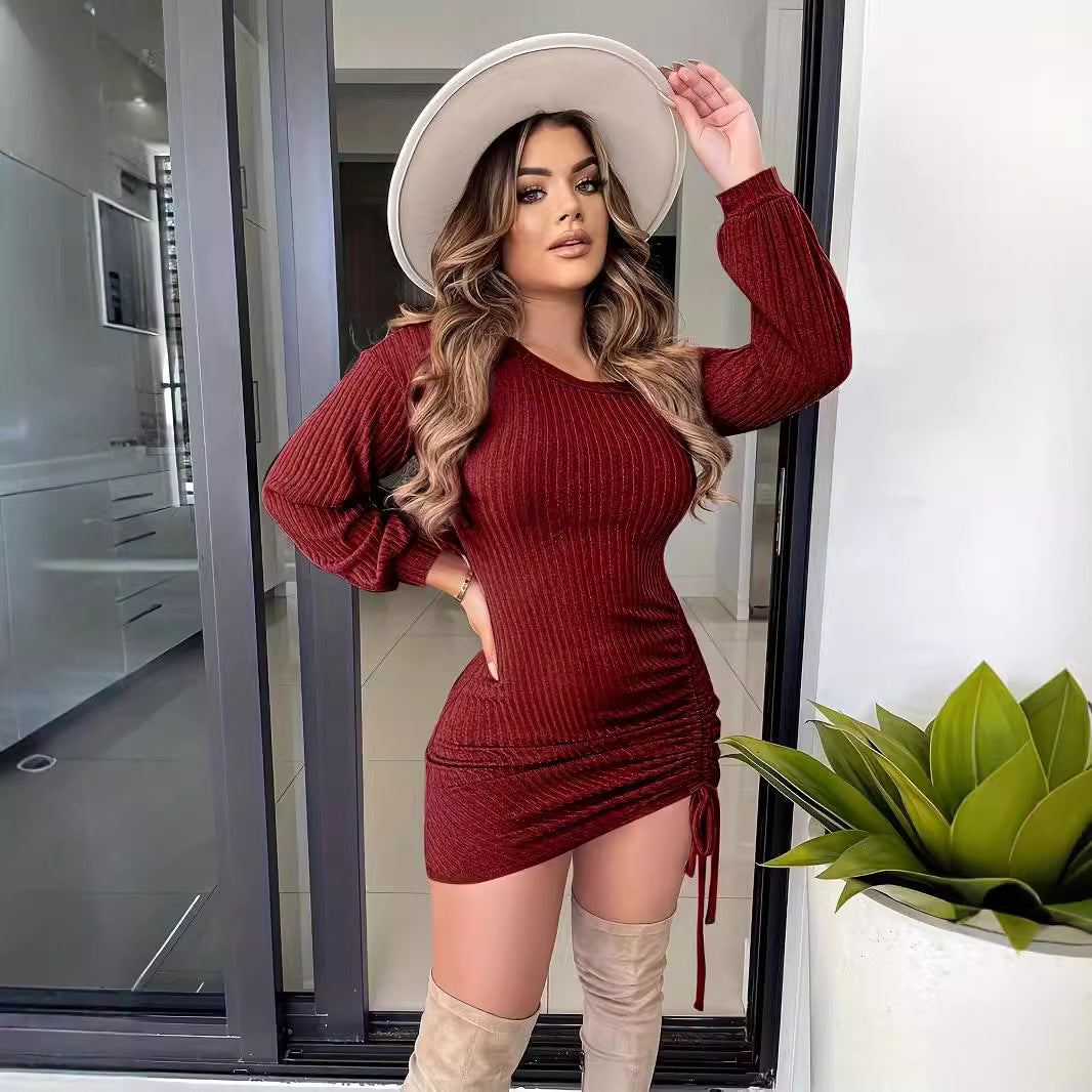 Women's Sexy Solid Color Drawstring Shoulder Long Dress