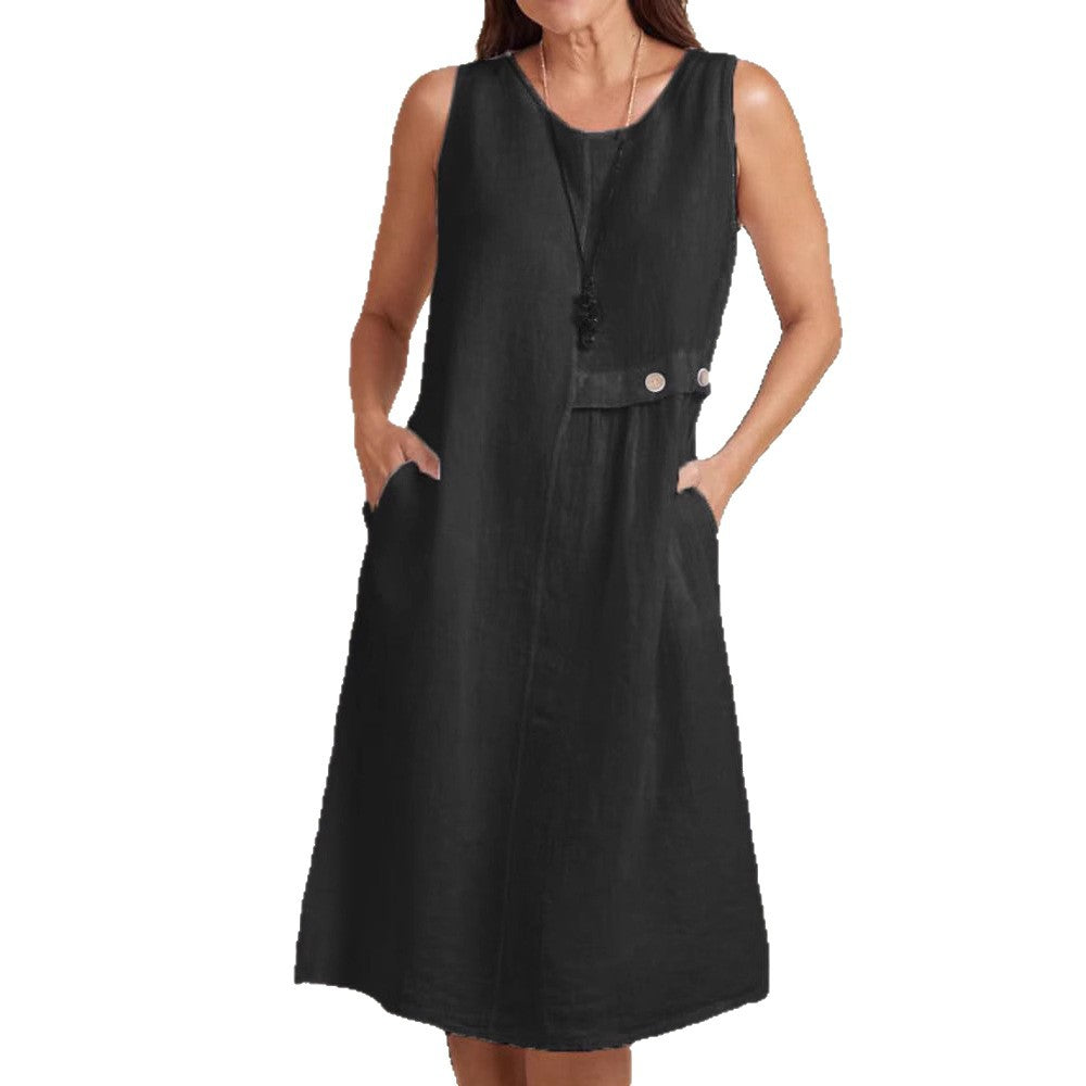 Women's Summer Button Pocket Sleeveless Round Neck Cotton Dress