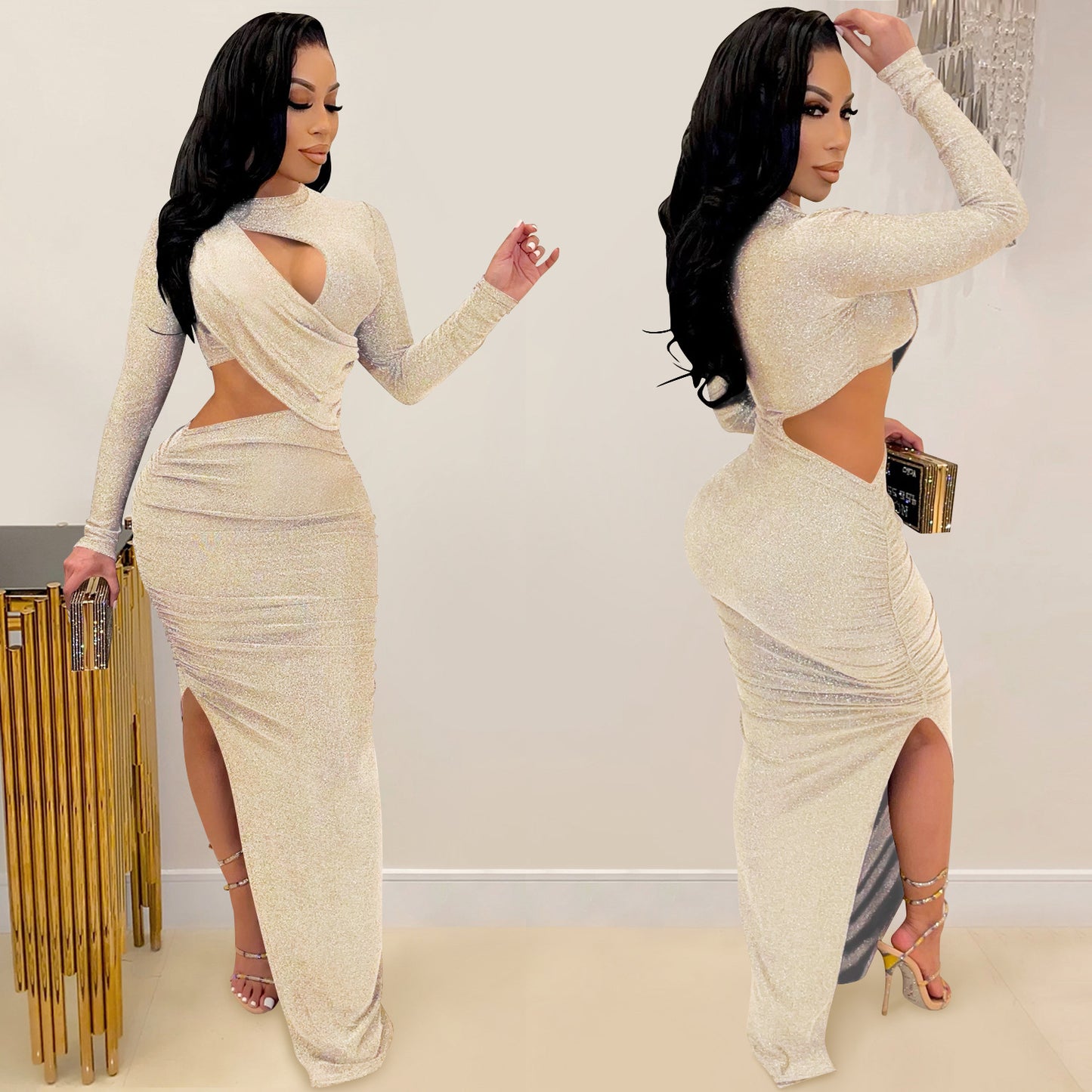 Solid Color Round Neck Long Sleeve Hollow Dresses