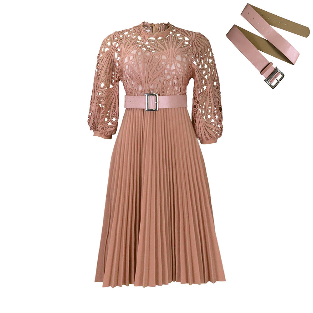 Women's Temperament Pure Color Lace Crocheted Pleated Dresses
