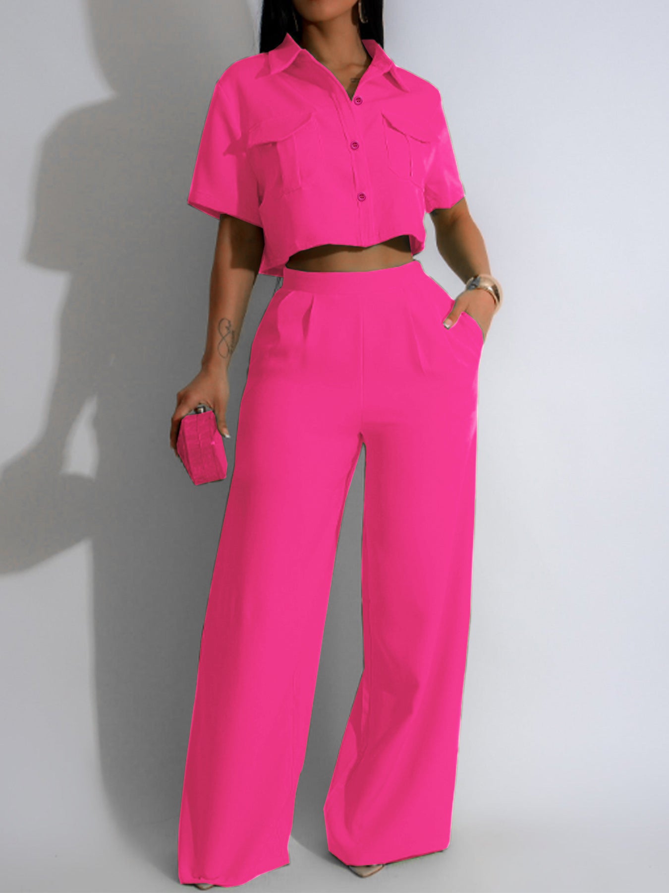 Women's Fashion Polo Collar Sleeve High Waist Suits