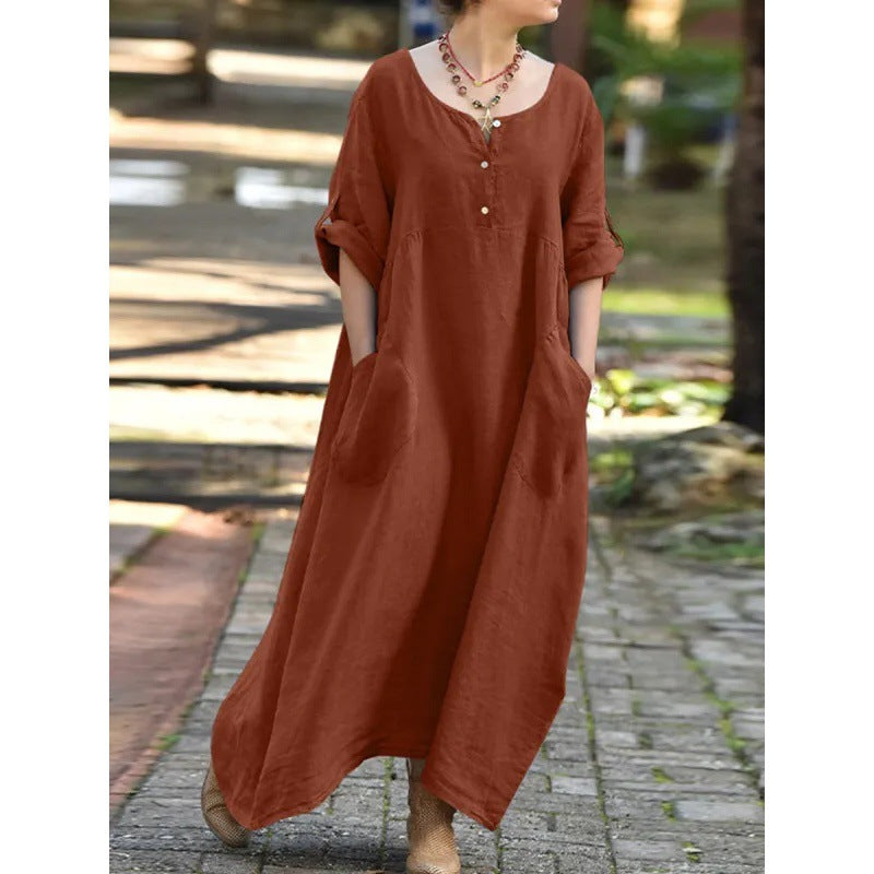 Women's Casual Loose Turned Cuff Long Sleeve Round Neck Dresses