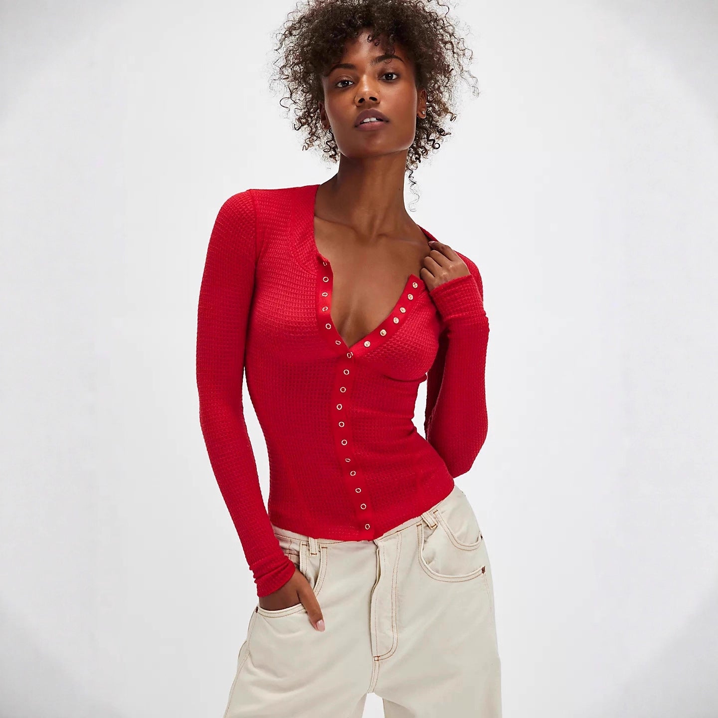 Women's Sleeve Round Neck Button Rib Pure Color Women's Sweater