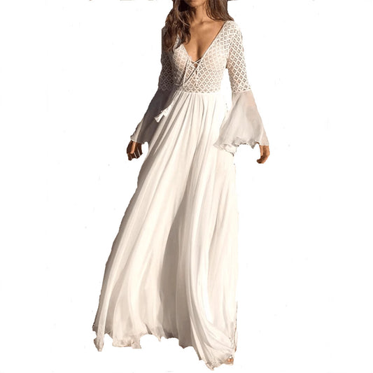 Bohemian Lace Stitching Dress Deep Flared Sleeves Dresses