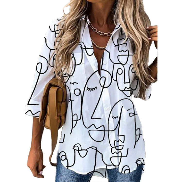 Women's Fashion Digital Printing Long Sleeve Shirt Blouses