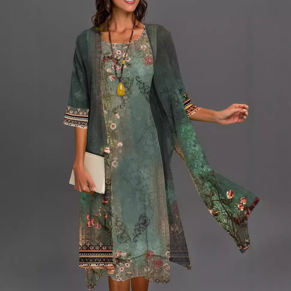 Women's Dress Two-piece Emerald Mid-length Green Long-sleeved Fashion Casual Suit