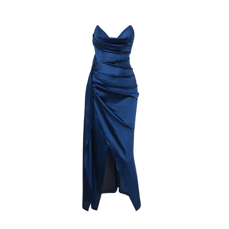 Women's Autumn Elegant Sexy Slim Deep V Waist Satin Split Dress