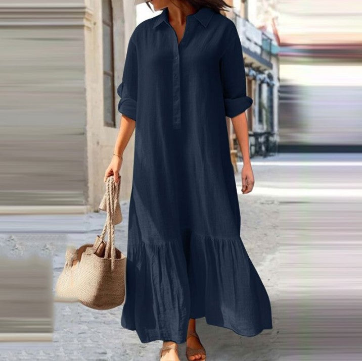 Long Irregular Shirt Collar Button Casual Dress