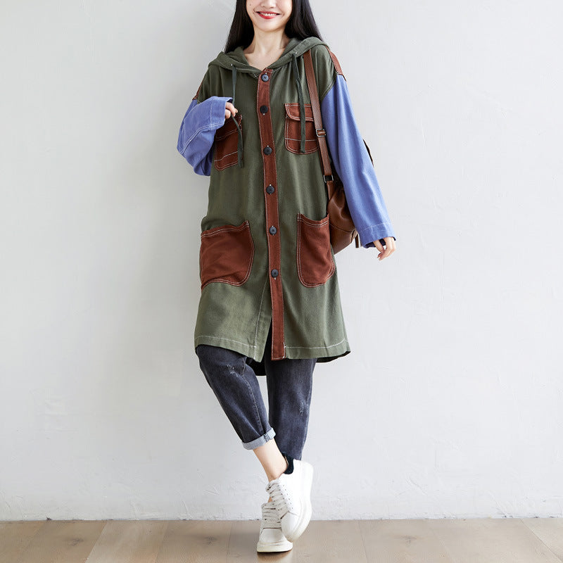 Personality Mid-length Hooded Loose Large Contrast Coats