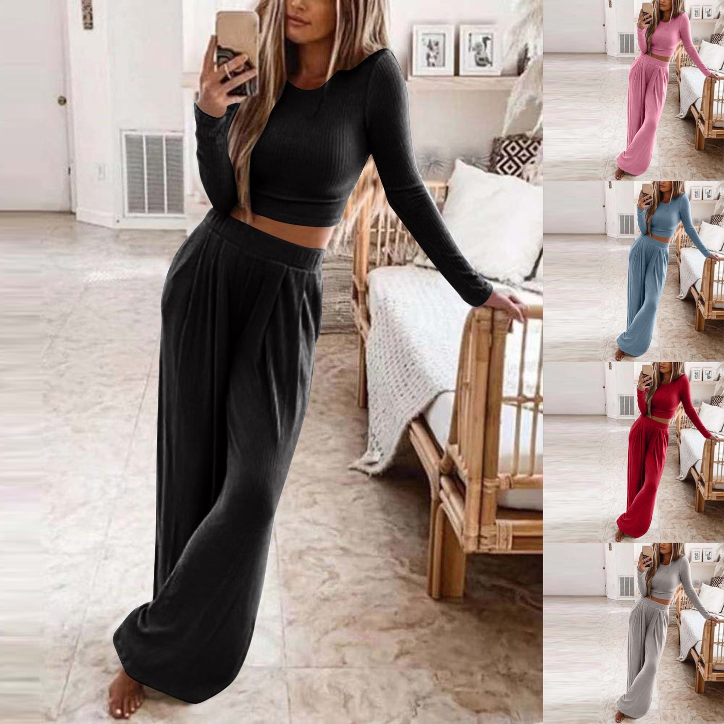Women's Solid Color Knit Home Two-piece For Suits