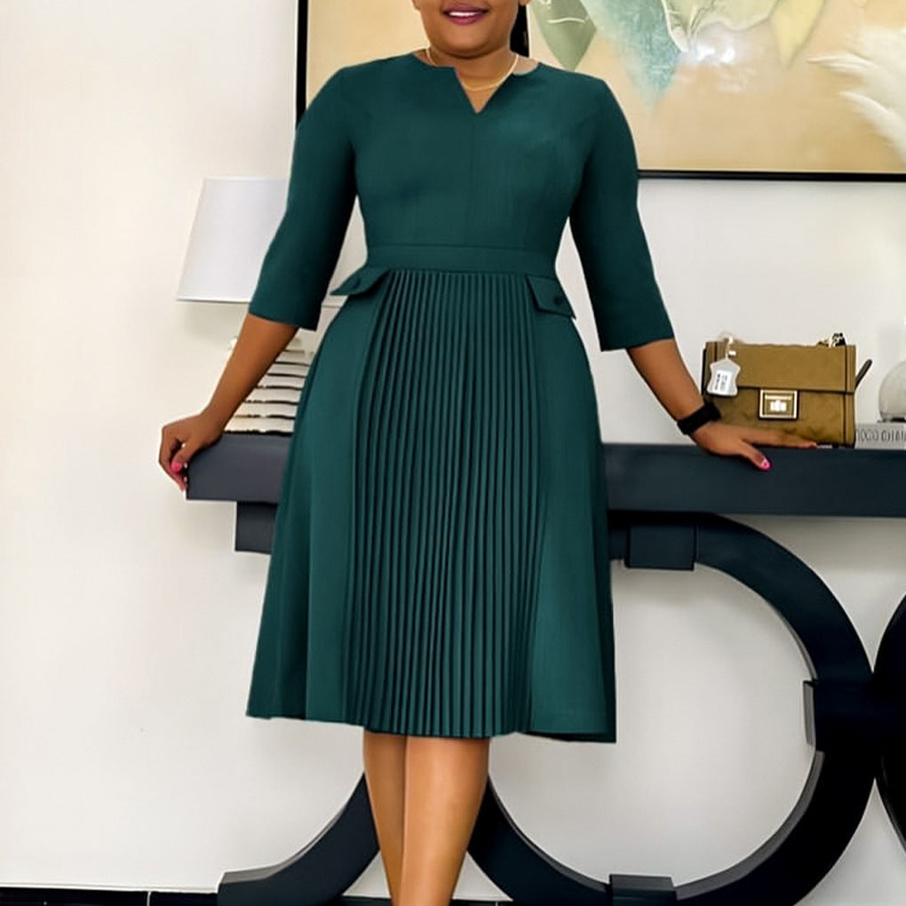 Women's Solid Color Fashion Pleated Sleeve African Dresses