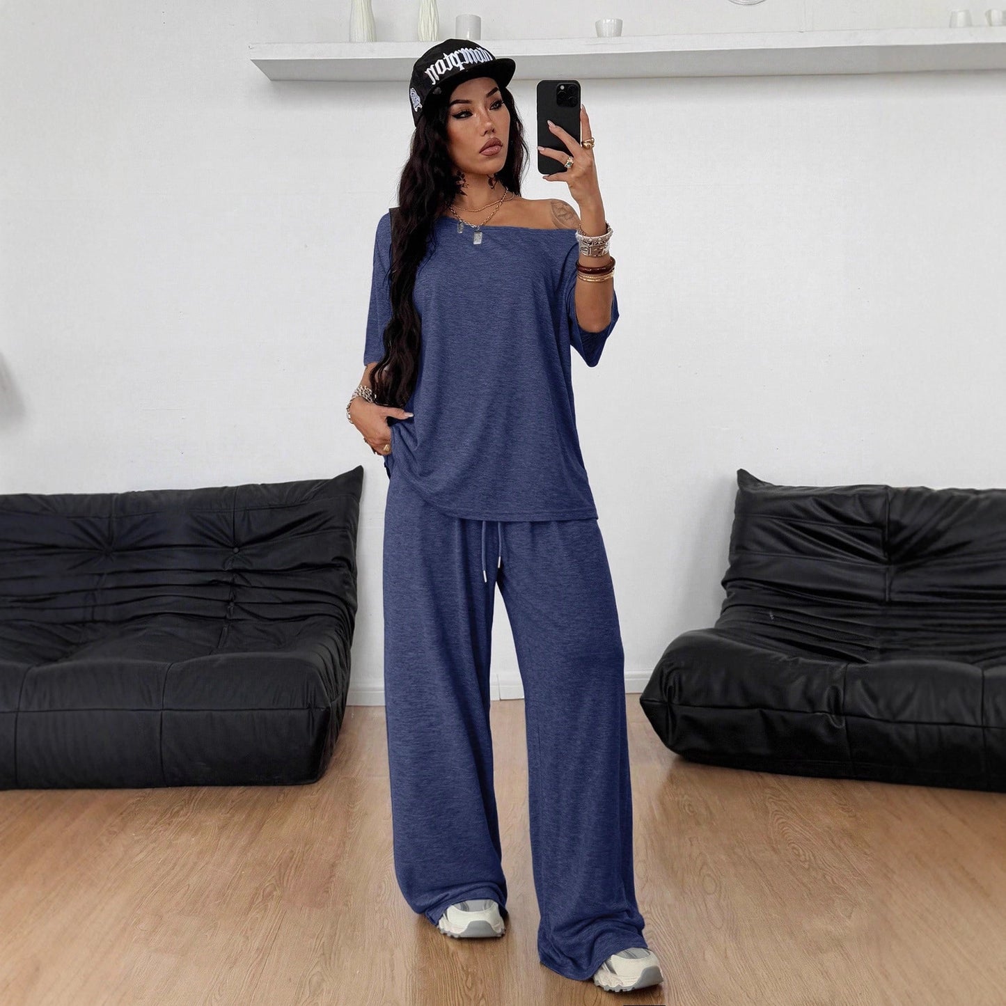 Women's Collar Wide Leg Solid Color Sports Two-piece Fashion Casual Suit