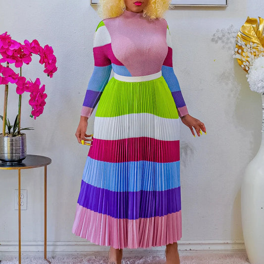 Autumn Pleated Print Contrast Color Long Sleeve Fashion Suits