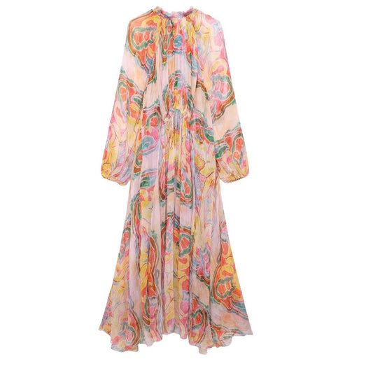 Women's Loose Series Printed Long Sleeve Midi Dresses