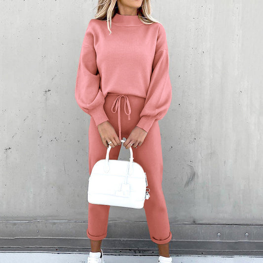 Women's Turtleneck Casual Solid Color Trousers Two-piece Suits