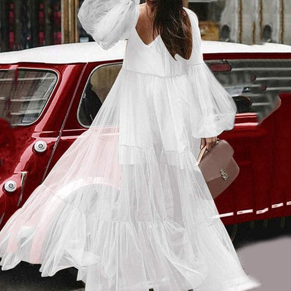 Women's Fashion Puff Sleeve Mesh Dress Long Dresses