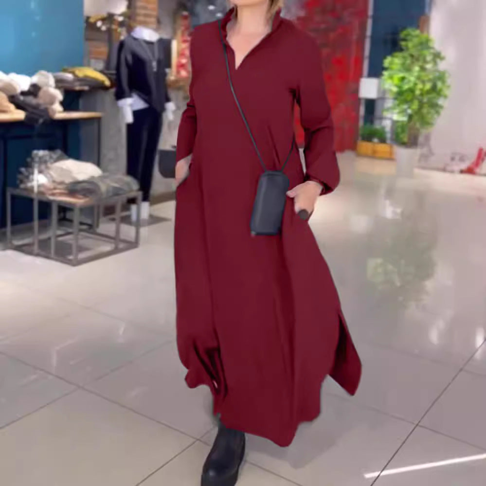 Women's Casual Solid Color Long Sleeve Pocket Dresses
