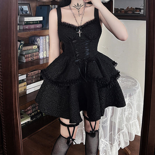 Women's Summer Slim Temperament Pure Black Sling Dresses
