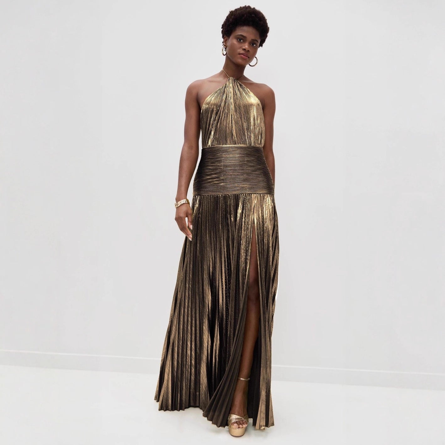 Women's Sleeveless Backless Metallic Pleated Split Halter Dresses