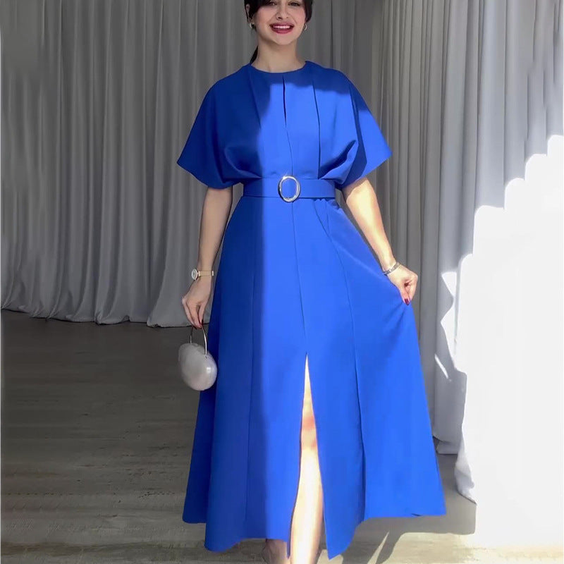 Color Fashion Round Neck Sleeves Dress Belt Shorts